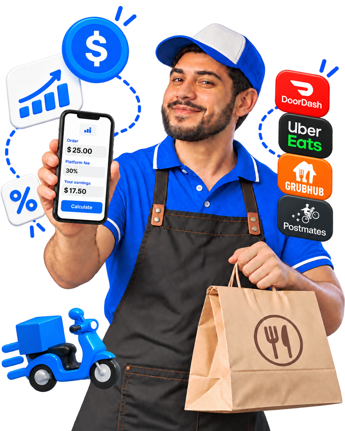 Entregador de delivery com celular e sacola OlaClick