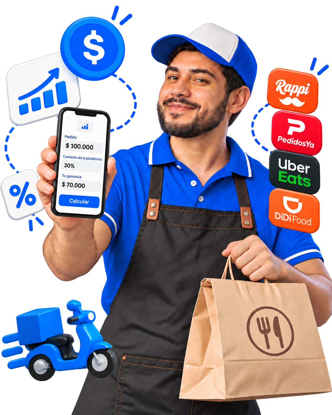 Entregador de delivery com celular e sacola OlaClick