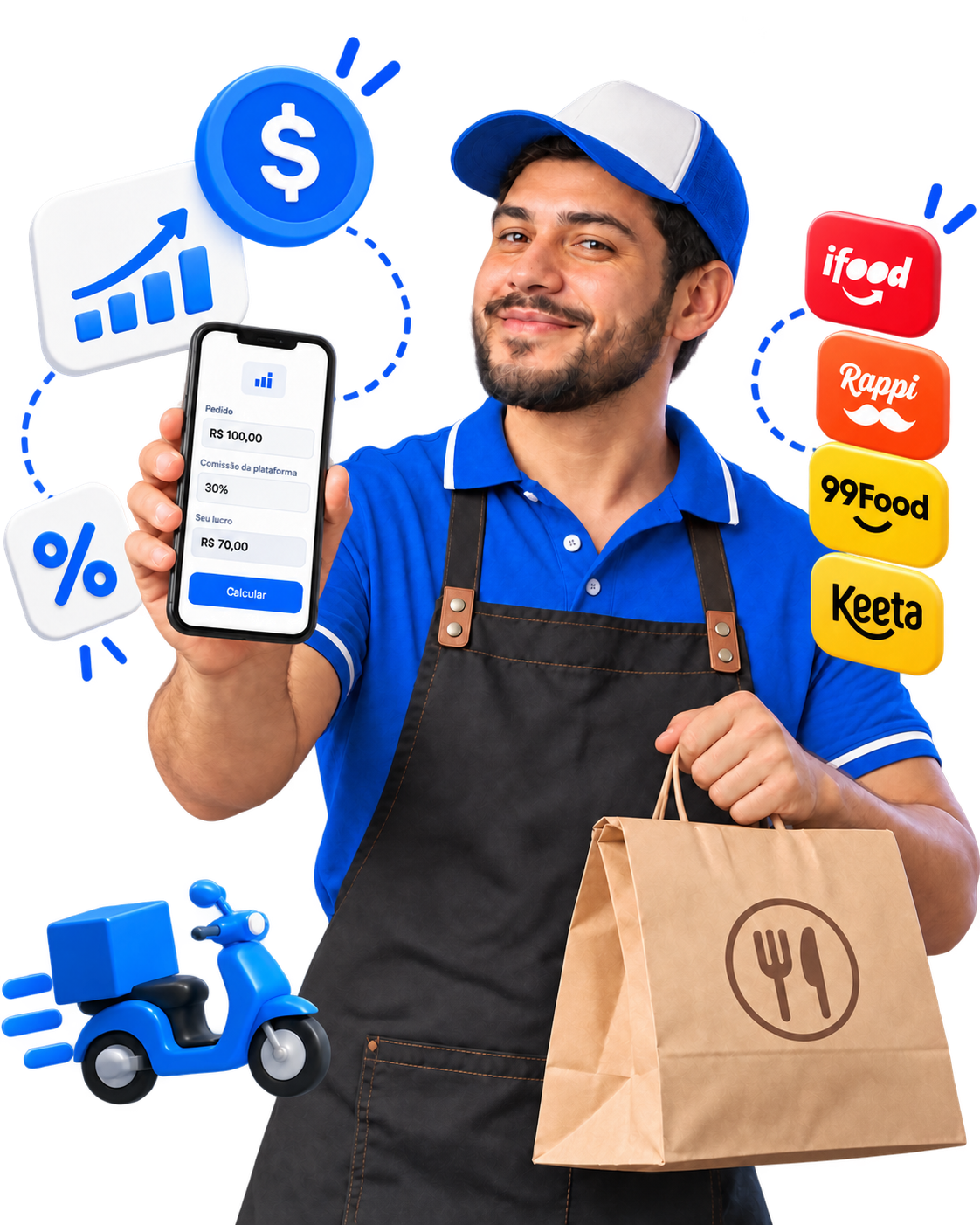 Entregador de delivery com celular e sacola OlaClick