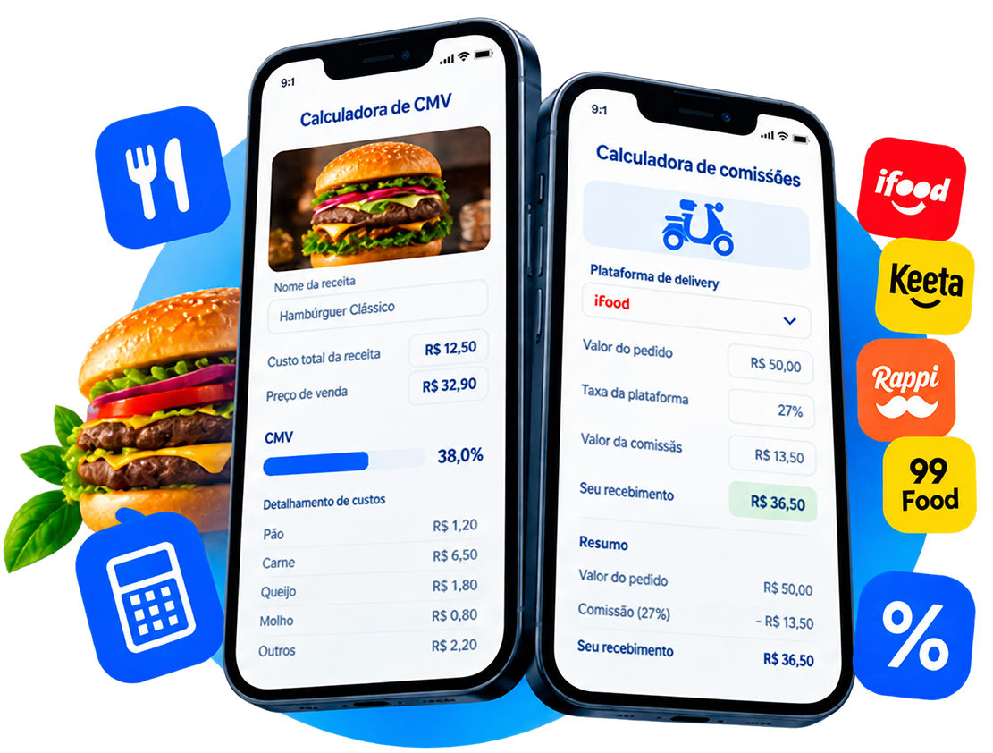 Mockups de celular mostrando o app OlaClick com cardápio digital e rastreamento de pedidos