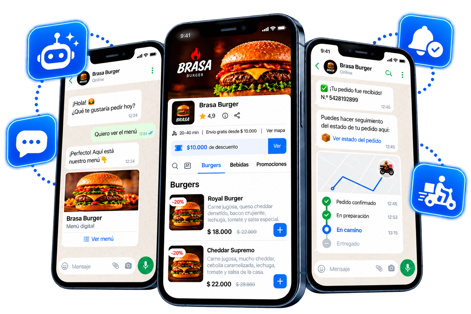 Celulares mostrando el chatbot inteligente de OlaClick con soporte automático y notificaciones del estado de los pedidos por WhatsApp
