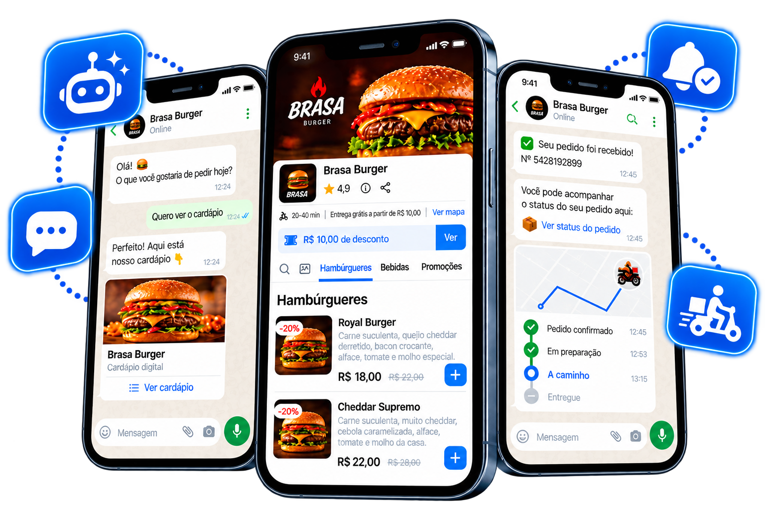 Celulares mostrando o chatbot inteligente da OlaClick com suporte automático e notificações de status dos pedidos pelo WhatsApp