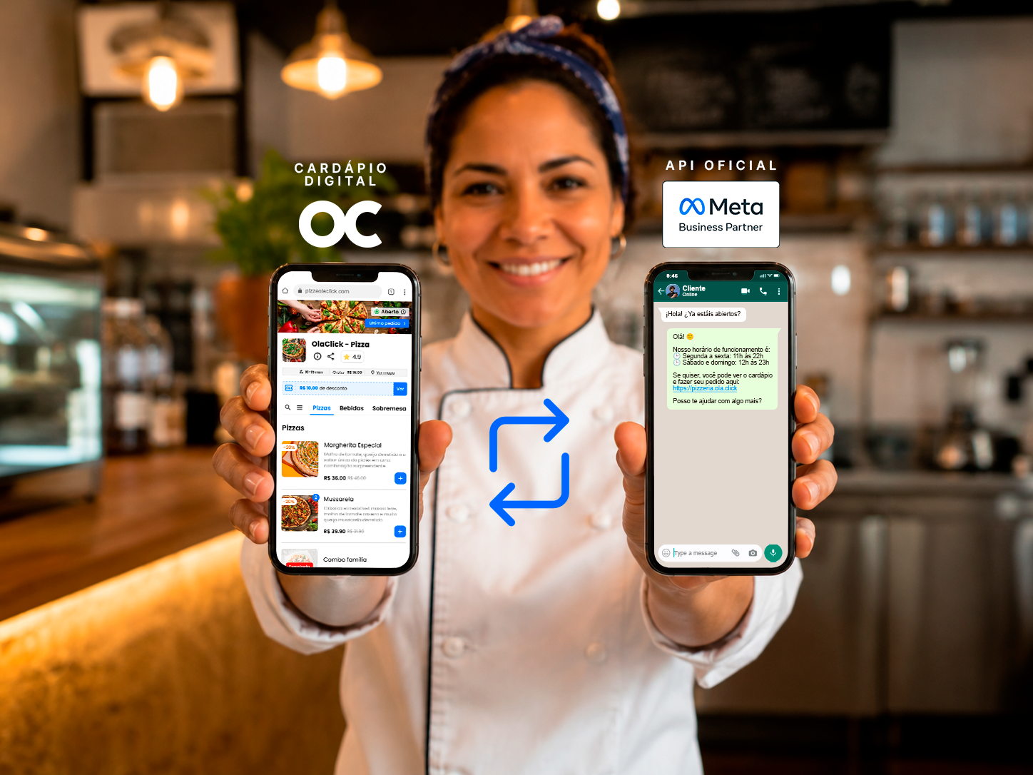 Dona de restaurante usando as ferramentas de marketing com IA da OlaClick