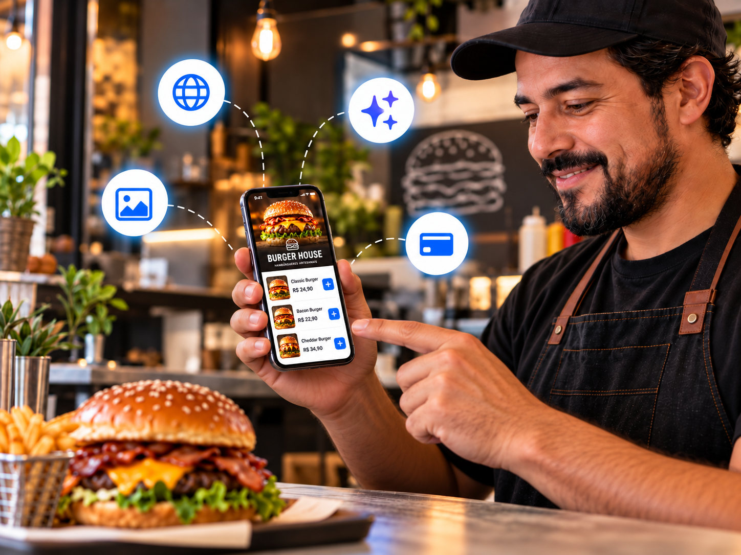 Cardápio digital da OlaClick exibido em notebook e celular
