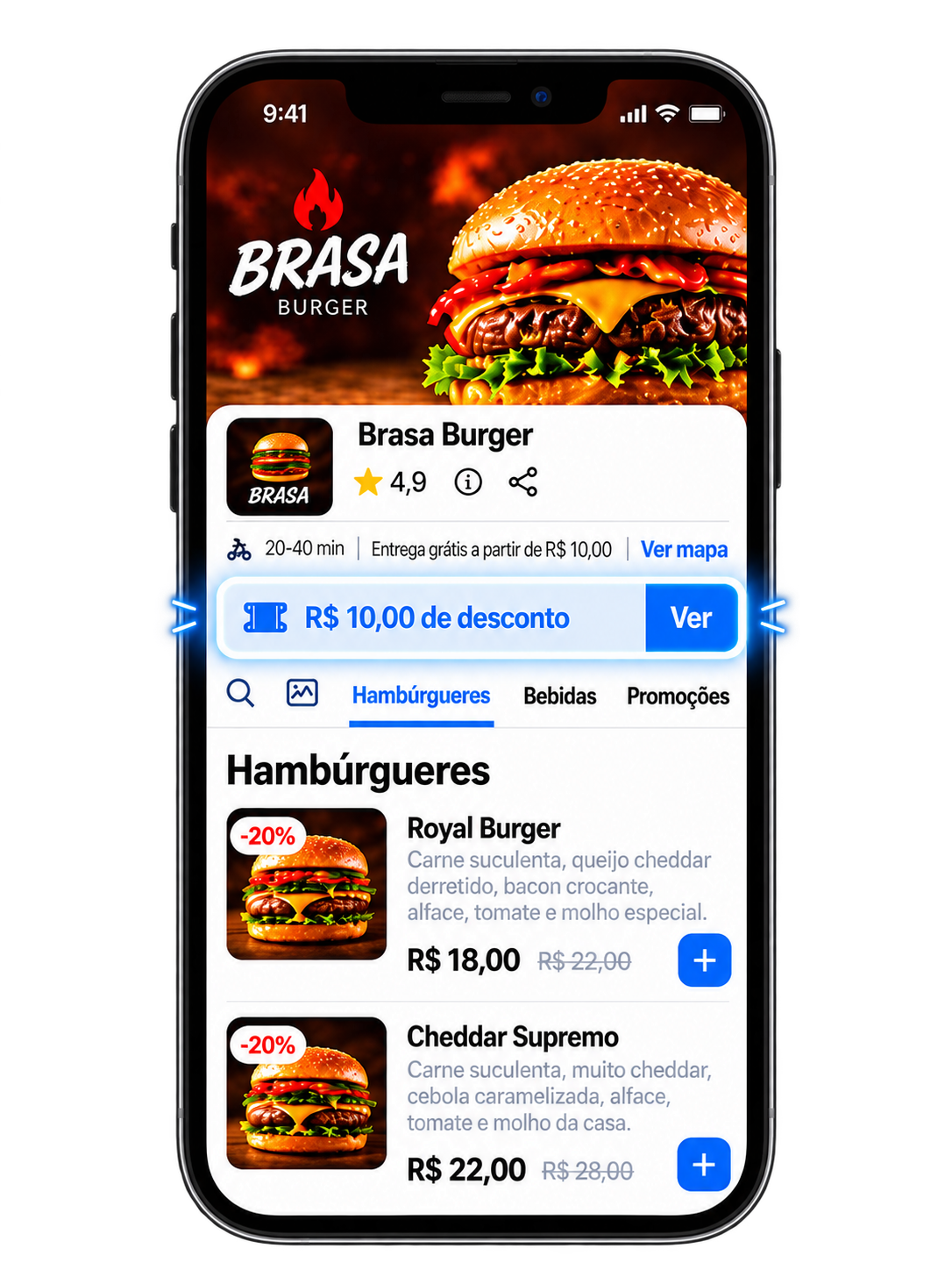 Cardápio digital da OlaClick no celular com cupons de desconto