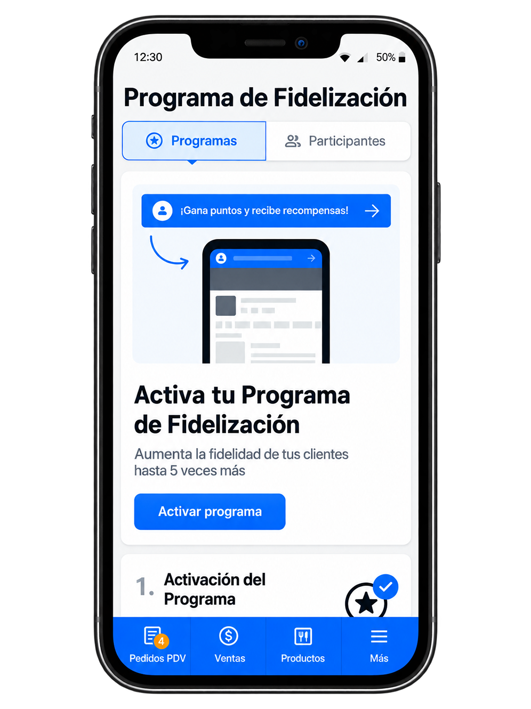 Pantalla del programa de fidelización de OlaClick con descuento y calificación