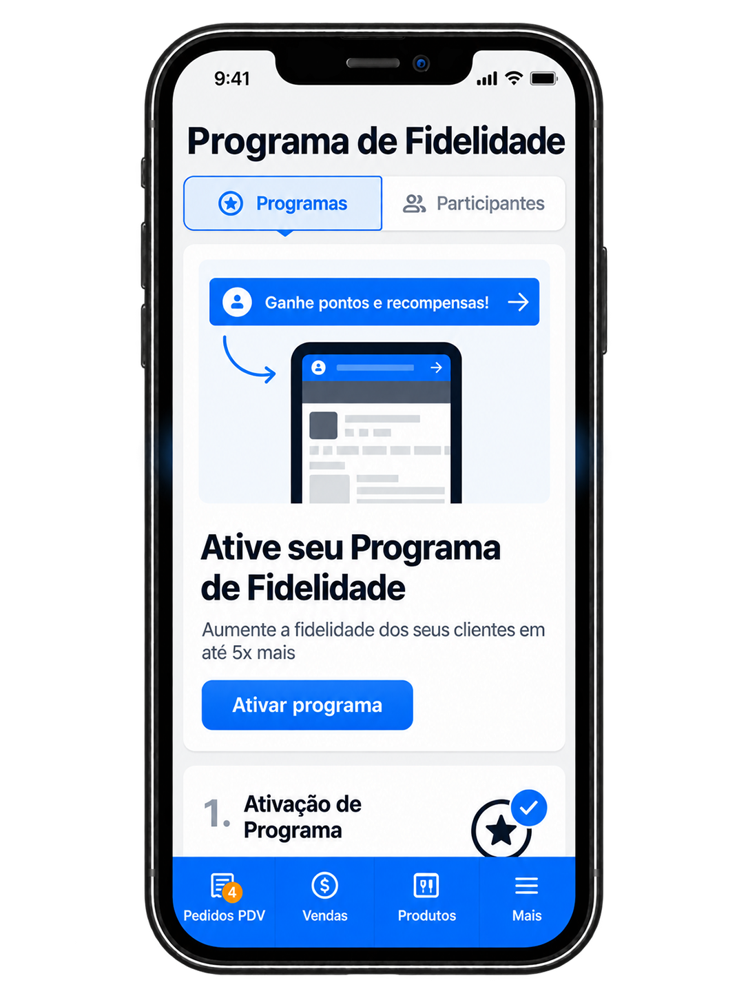Tela do programa de fidelidade da OlaClick com desconto e avaliação