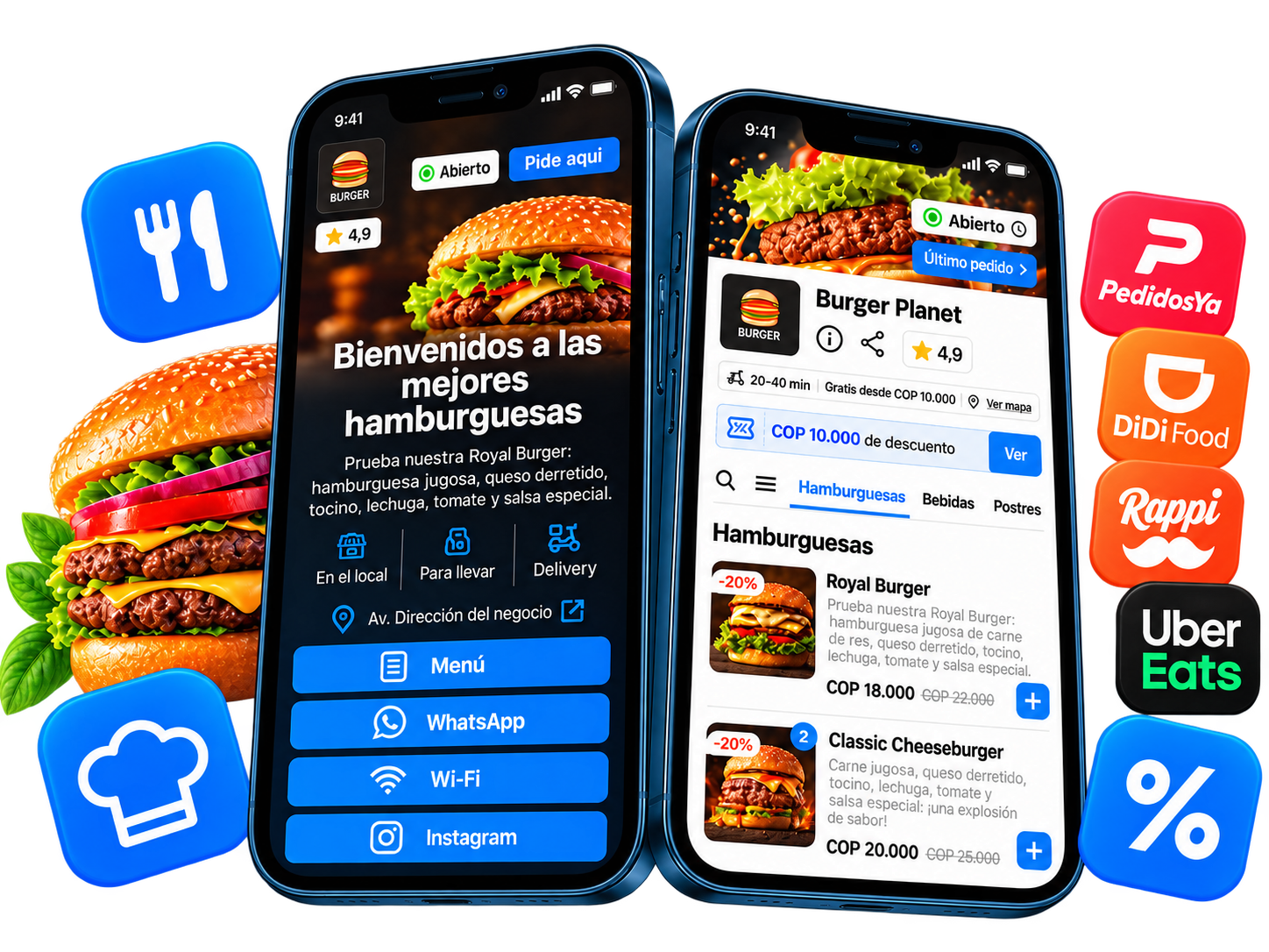 Menú digital de OlaClick en notebook y celular, con formas de pago y platos del restaurante