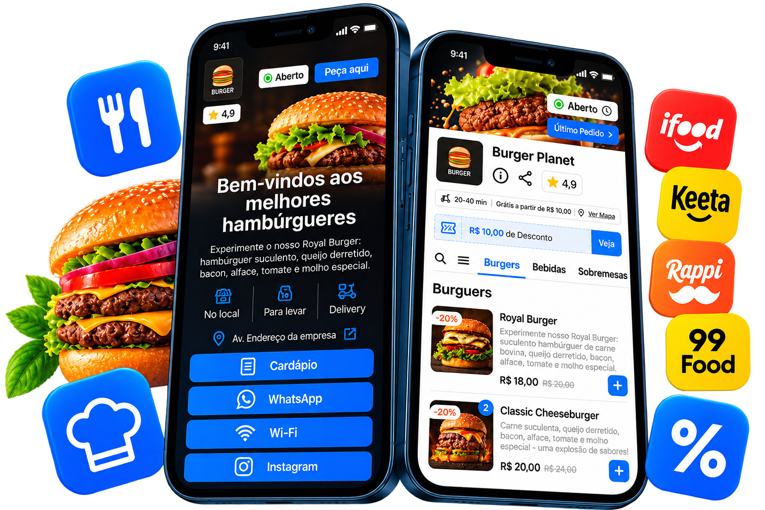 Cardápio digital da OlaClick exibido em notebook e celular, com formas de pagamento e pratos do restaurante