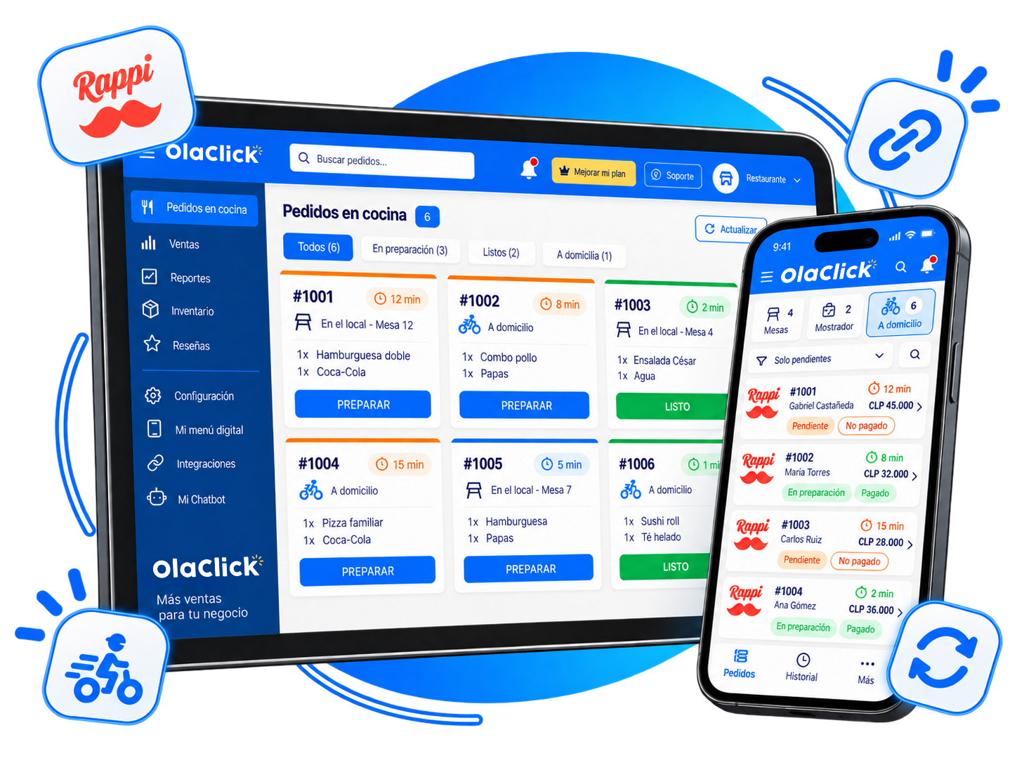 Repartidor de Rappi con smartphone mostrando panel de pedidos OlaClick